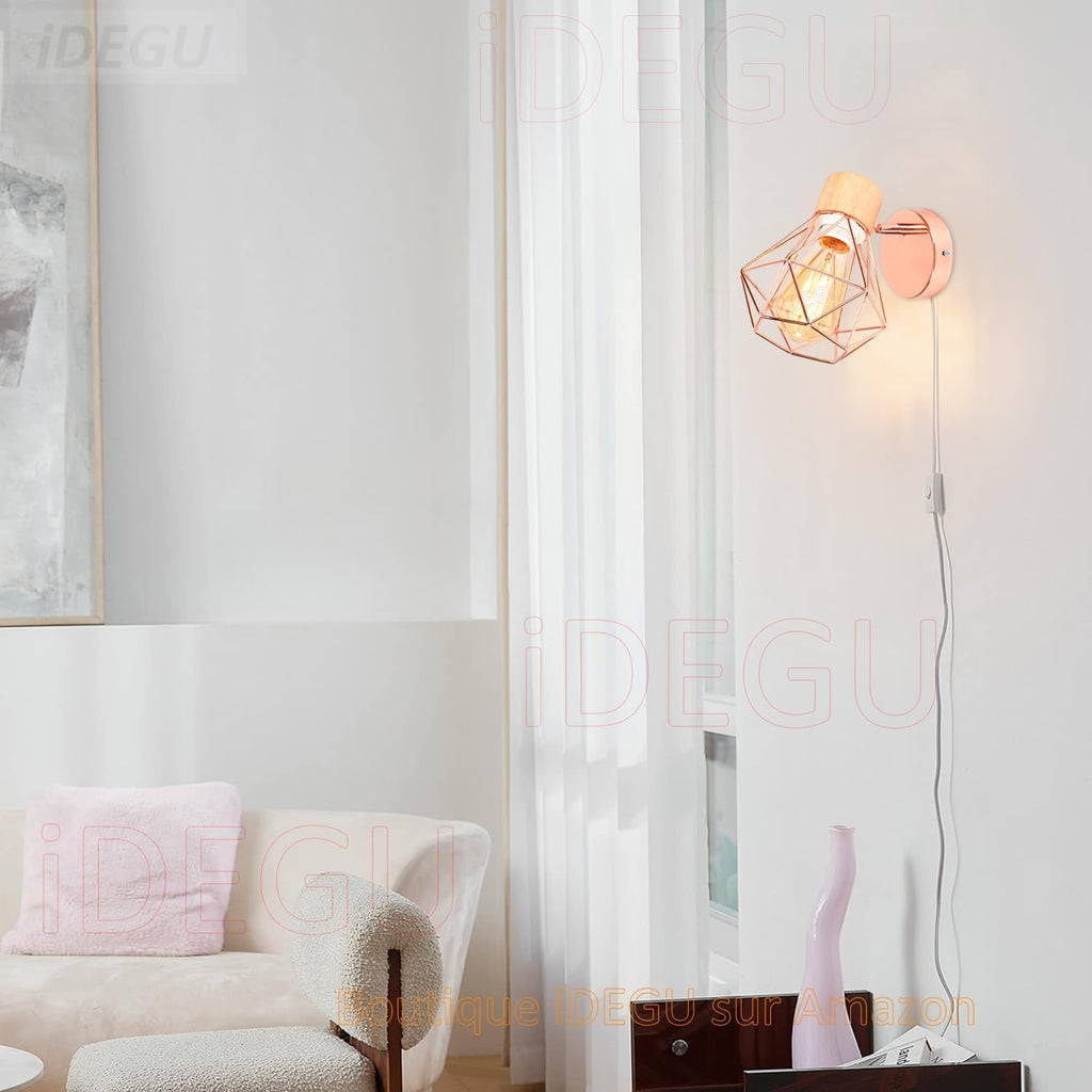 2PC Lámparas de Pared Vintage ¨C Aplique Interior de 15cm ¨C Diseño Industrial de Madera y Metal ¨C Estilo Jaula ¨C Luz Retro Ajustable