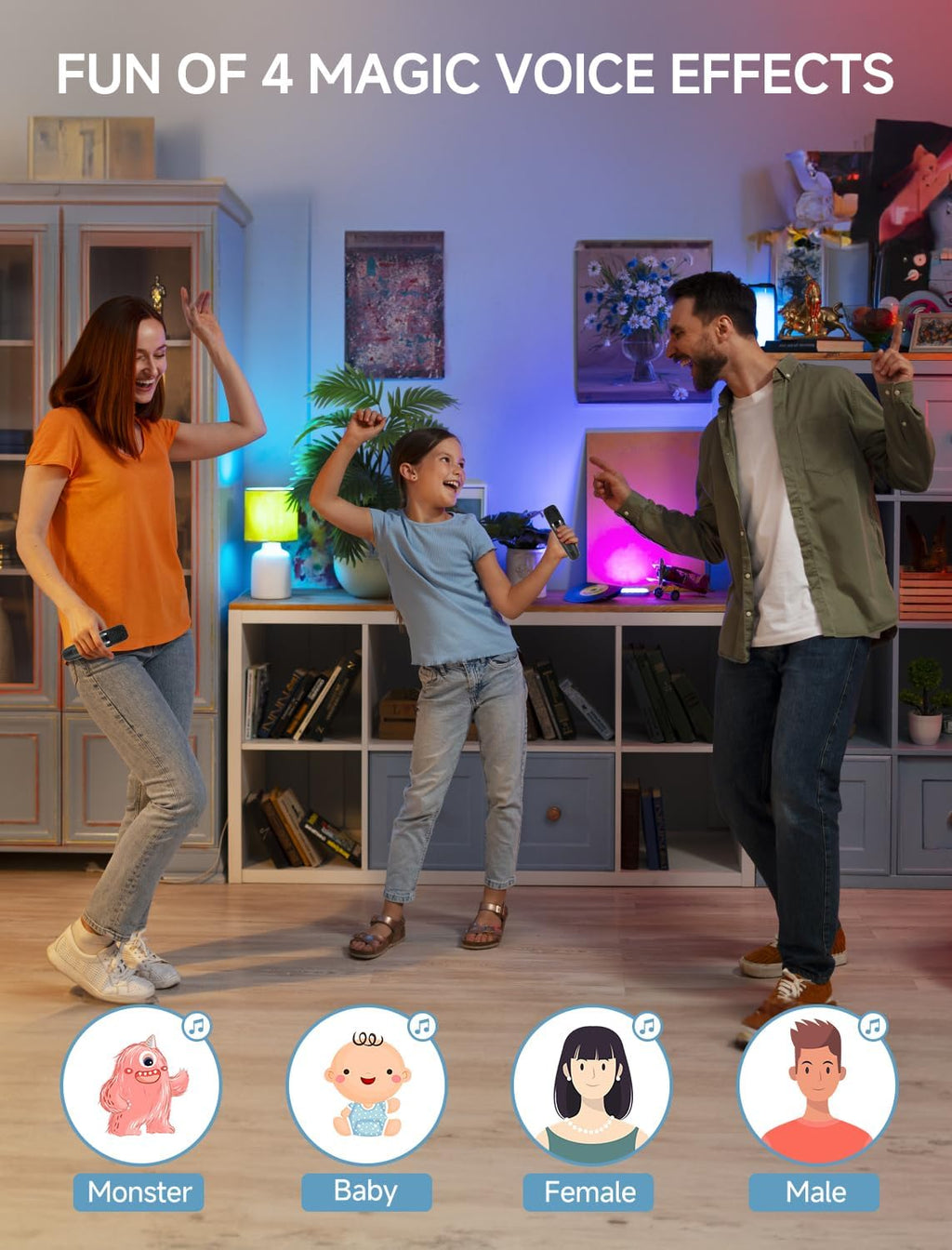 Karaoke-maskine til børn og voksne, bærbar mini Bluetooth-højttaler med 2 trådløse mikrofoner og LED-lys til TV
