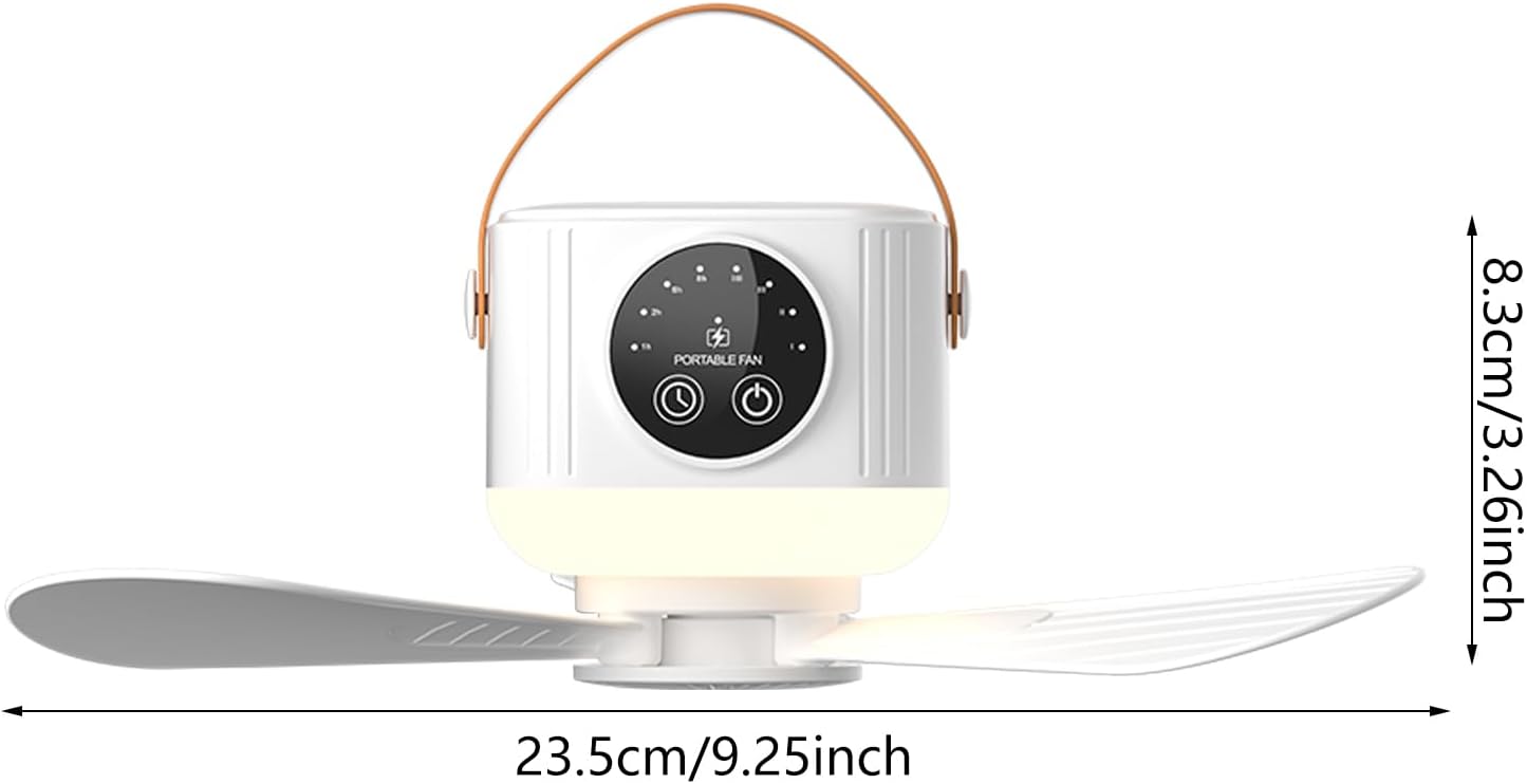 Ventilateur de plafond télécommandé rechargeable par USB avec batterie 7200mAh et lumière suspendue pour chambres et camping.