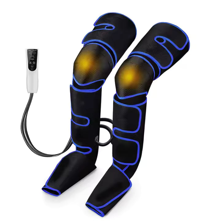 Air compression leg massager for circulation and pain relief; full-leg compression boots with adjustable extension straps for feet, calves, and thighs.