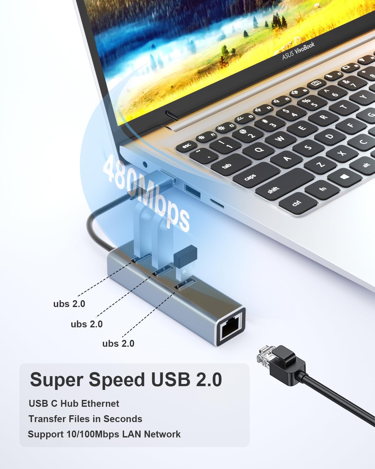 USB Hub / 4-in-1 Multiport USB Adapter ¨C Aluminum Hub with 1 RJ45 LAN Port and 3 USB 2.0 Data Ports (Gray - USB-A)