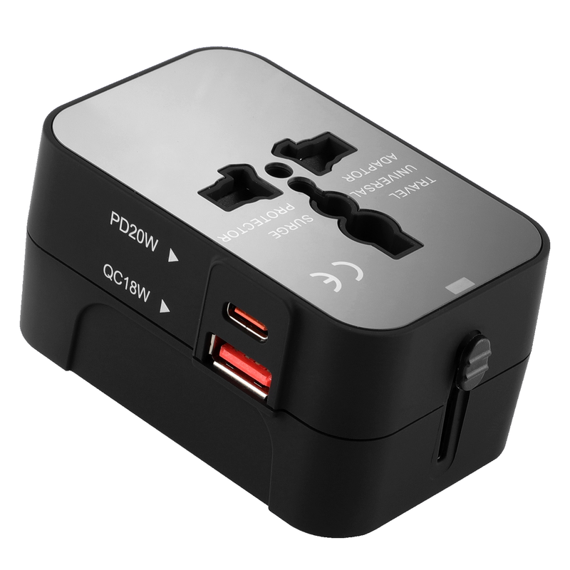 Reseadapter, allt-i-ett universaladapter för användning över hela världen, AC-väggkontakt, väggladdare med två USB-portar (1 USB-C) för USA, EU, Storbritannien, Australien – kompatibel med mobiltelefoner och bärbara datorer.
