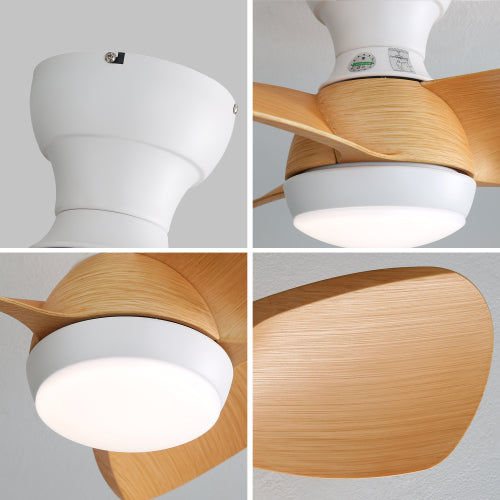 Ventilador de techo mini LED de 23 pulgadas con regulador de 3 colores, 3 aspas de ABS, control remoto, color madera