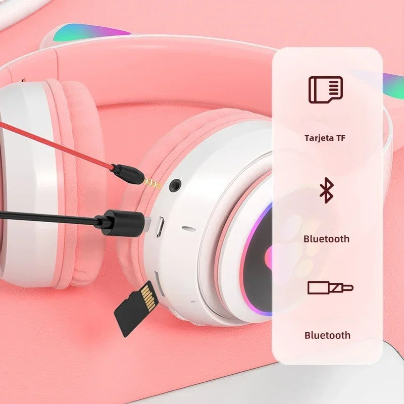 Casque Bluetooth 5.0 à oreilles de chat avec lumière flash, prise en charge de la carte TF et micro intégré, cadeau d'anniversaire pour enfants filles