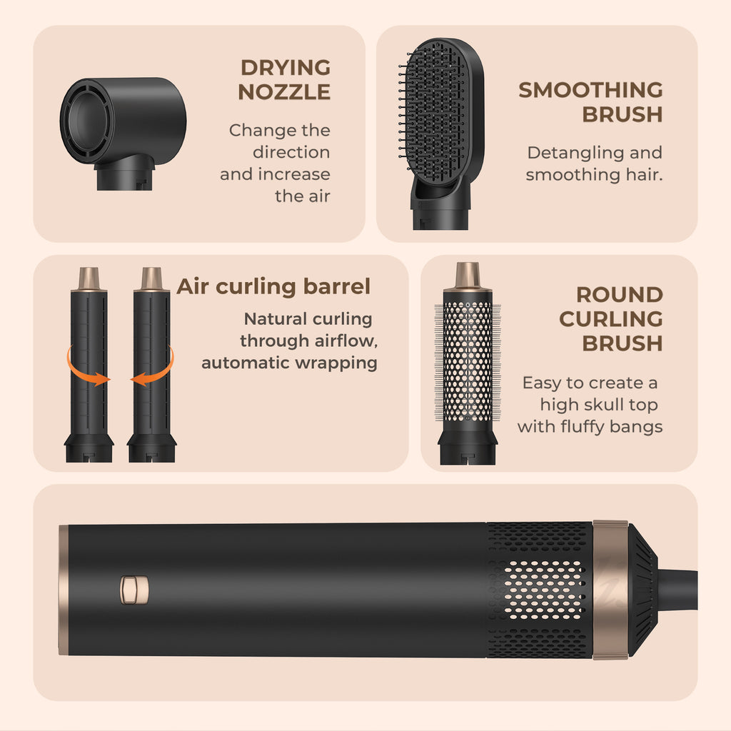 5-i-1 hårtørrer børste, hårtørringsbørste, Air Curler, Air Curling Wrap Styler, aftagelig varmluftbørste, negativ ion tørrebørste, 1000 Watt effekt