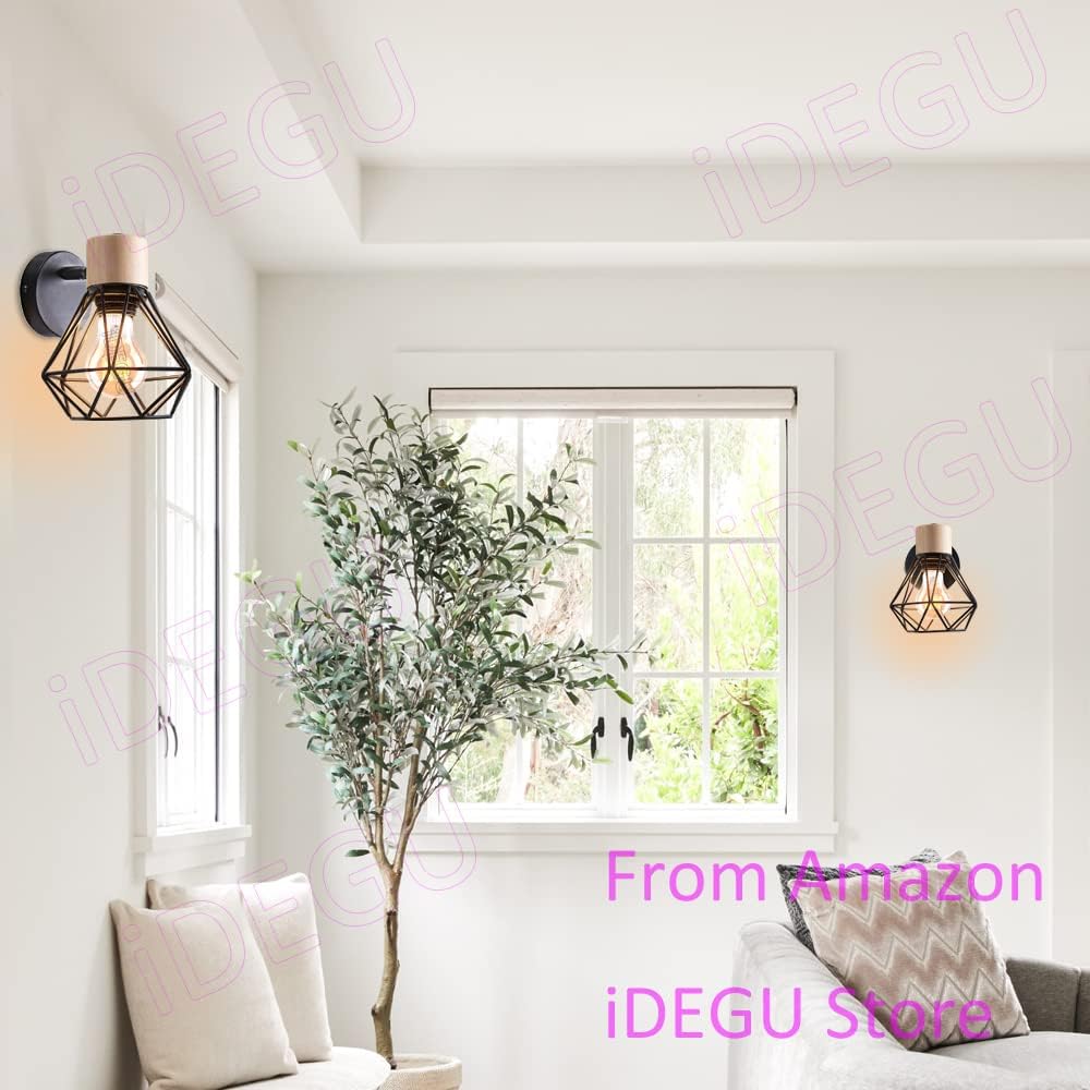 2PC Lámparas de Pared Vintage ¨C Aplique Interior de 15cm ¨C Diseño Industrial de Madera y Metal ¨C Estilo Jaula ¨C Luz Retro Ajustable