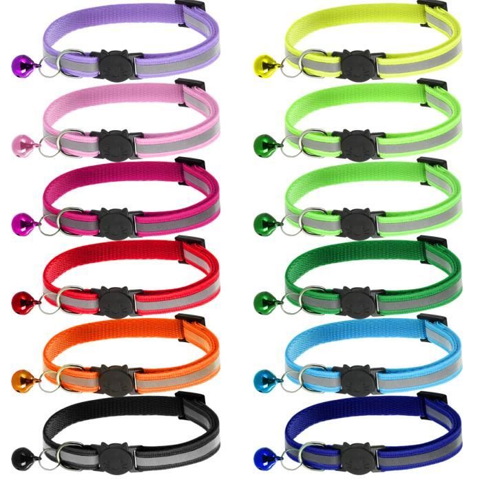 12 colliers en nylon pour chiens et chats avec clochette, bande réfléchissante et tête de dégagement.