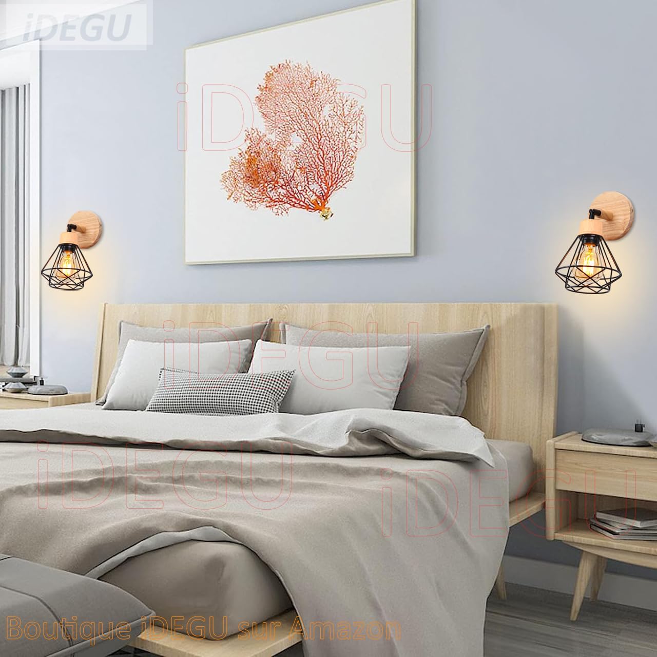 2PC Lámparas de Pared Vintage ¨C Aplique Interior de 15cm ¨C Diseño Industrial de Madera y Metal ¨C Estilo Jaula ¨C Luz Retro Ajustable