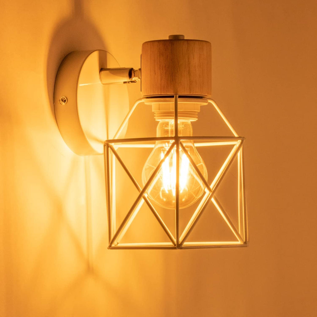 2PC Lámparas de Pared Vintage ¨C Aplique Interior de 15cm ¨C Diseño Industrial de Madera y Metal ¨C Estilo Jaula ¨C Luz Retro Ajustable