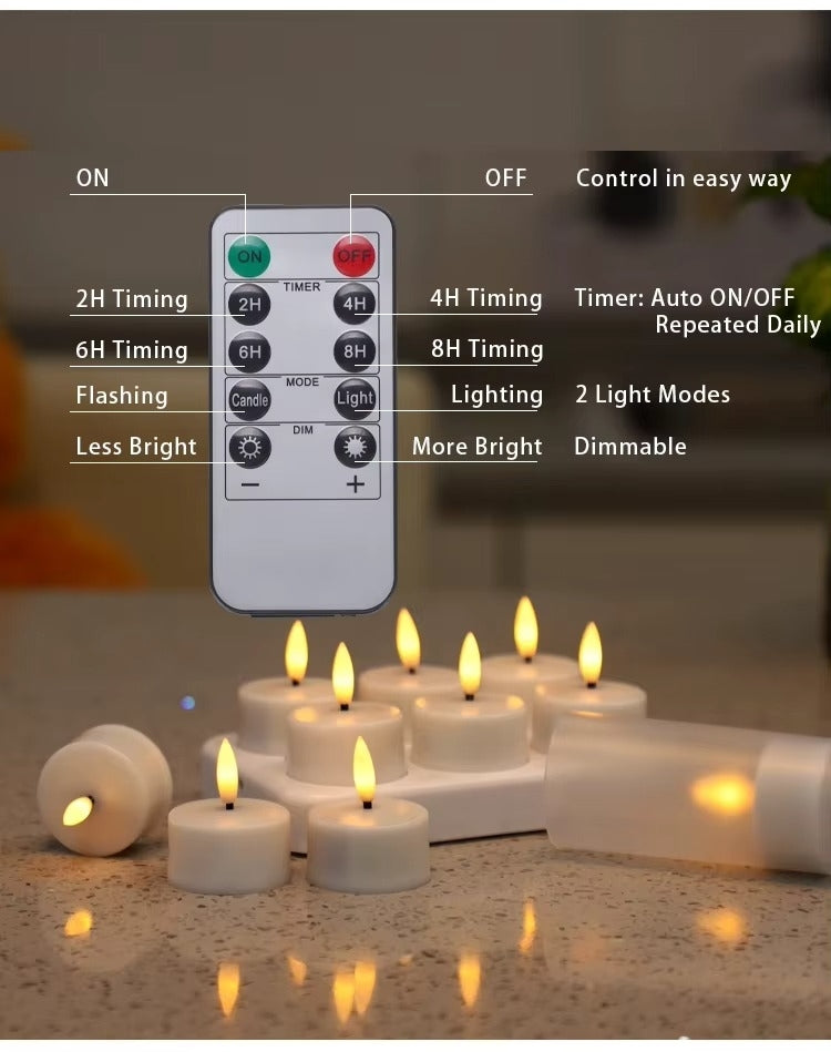 Pakke med 12 genopladelige LED-lys med fjernbetjening og timer – flammeløse, flimrende stearinlys til Halloween, jul og fester – hvid