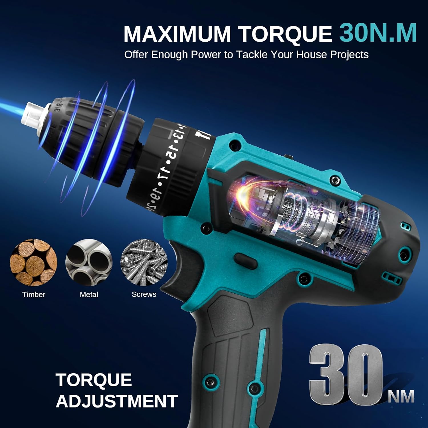 28V Akku Bore-/skruemaskinesæt – Akku Skruemaskine med 2 x 1300mAh Batterier, Akku Boremaskine med 45 N.m Maks. Moment, 18+1 Momentindstillinger, 2 Hastigheder