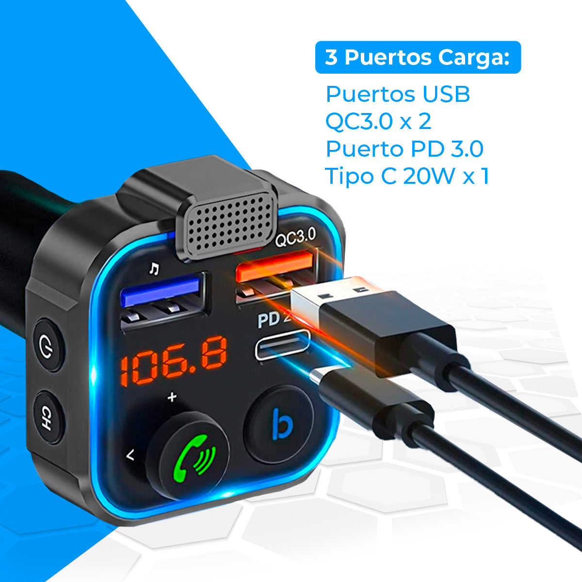 Bluetooth 5.0 FM Transmitter for Cars - 3 Charging Ports: x 2 USB QC3.0 + x1 PD 3.0 Type C 20W, Hands-Free Function, Noise Cancellation, Fast Charging, Button B: Hi-Fi Deep Bass (Speaker)