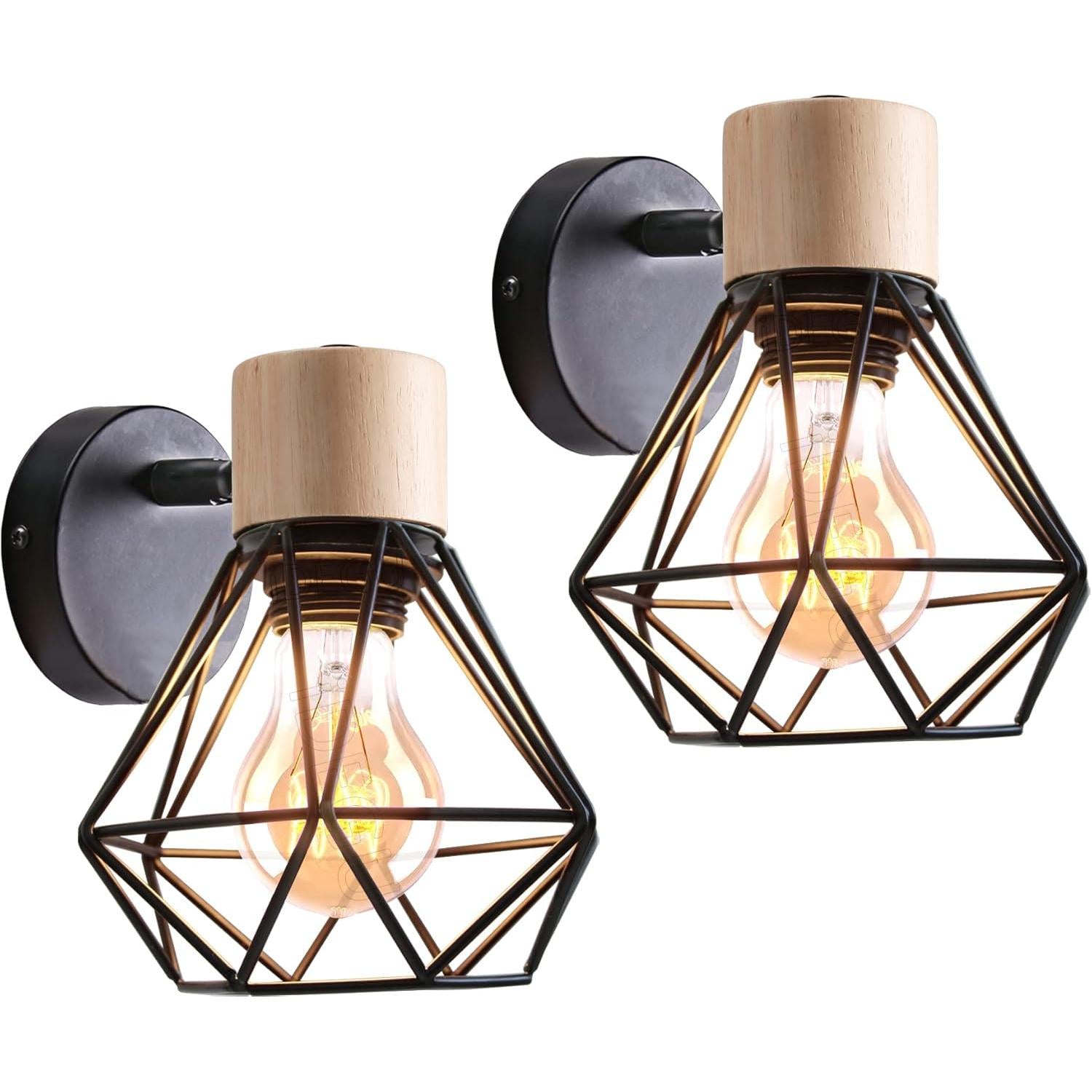 2PC Vintage Wall Lamps ¨C 15cm Indoor Sconce ¨C Wood & Metal Industrial Design ¨C Cage Style ¨C Adjustable Retro Light