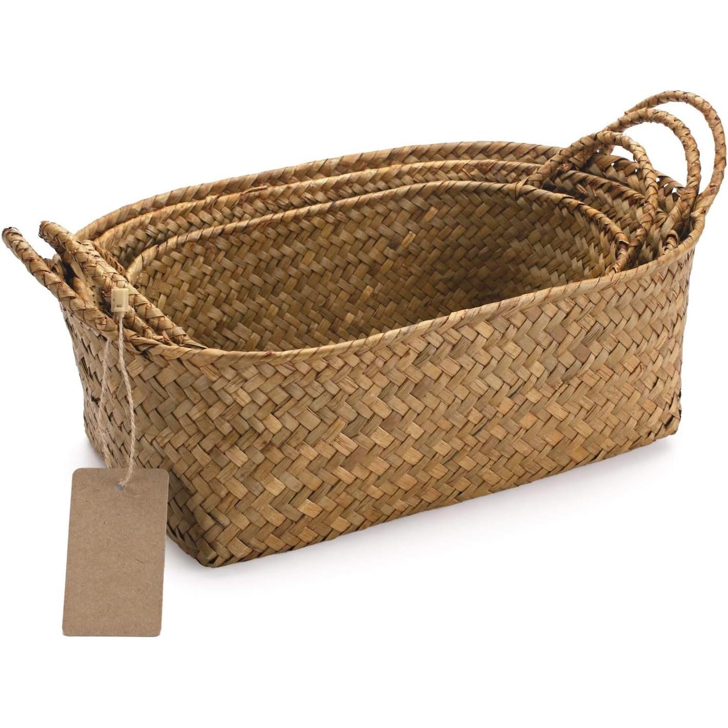 Woven Seagrass Storage Baskets ¨C Natural Oval Baskets with Handles, Stackable Organizer Set of 3