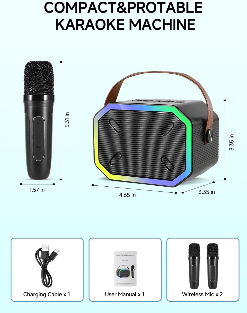 Karaoke-maskine til børn og voksne, bærbar mini Bluetooth-højttaler med 2 trådløse mikrofoner og LED-lys til TV