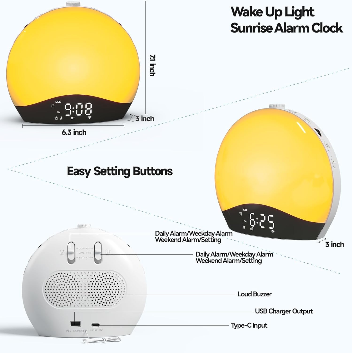 Sunrise Alarm Clock for Kids, Heavy Sleepers, and Bedrooms — White Noise Sound Machine with 5W Stereo Bluetooth Speaker, 25 Natural Sounds, Dual Alarms, and Lights