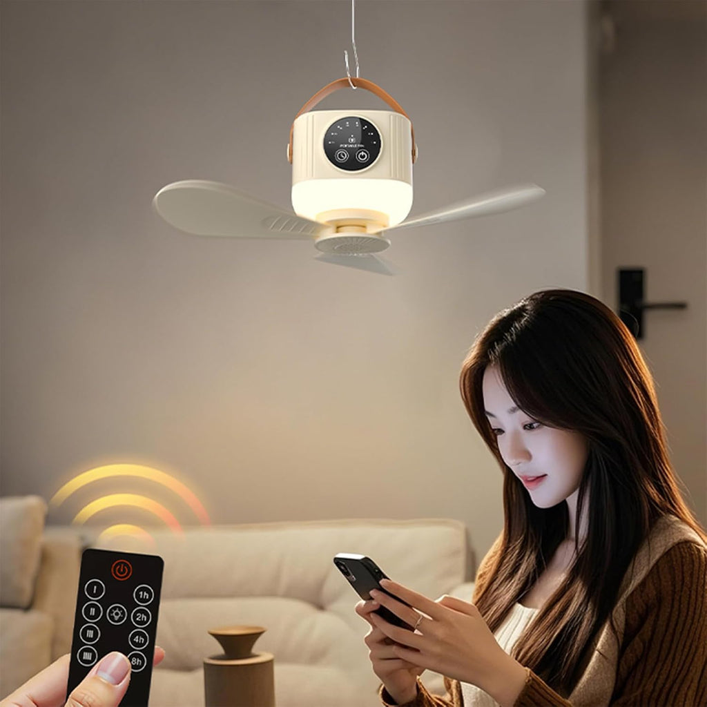 Ventilateur de plafond télécommandé rechargeable par USB avec batterie 7200mAh et lumière suspendue pour chambres et camping.