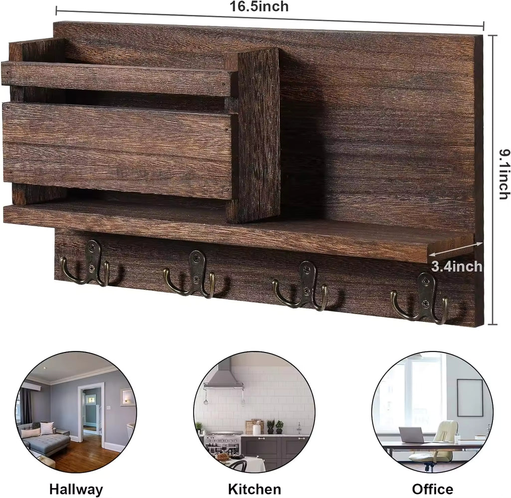 Decorative Wall Key Holder, Rustic Mail Organizer, Wooden Letter Organizer with Key Hooks