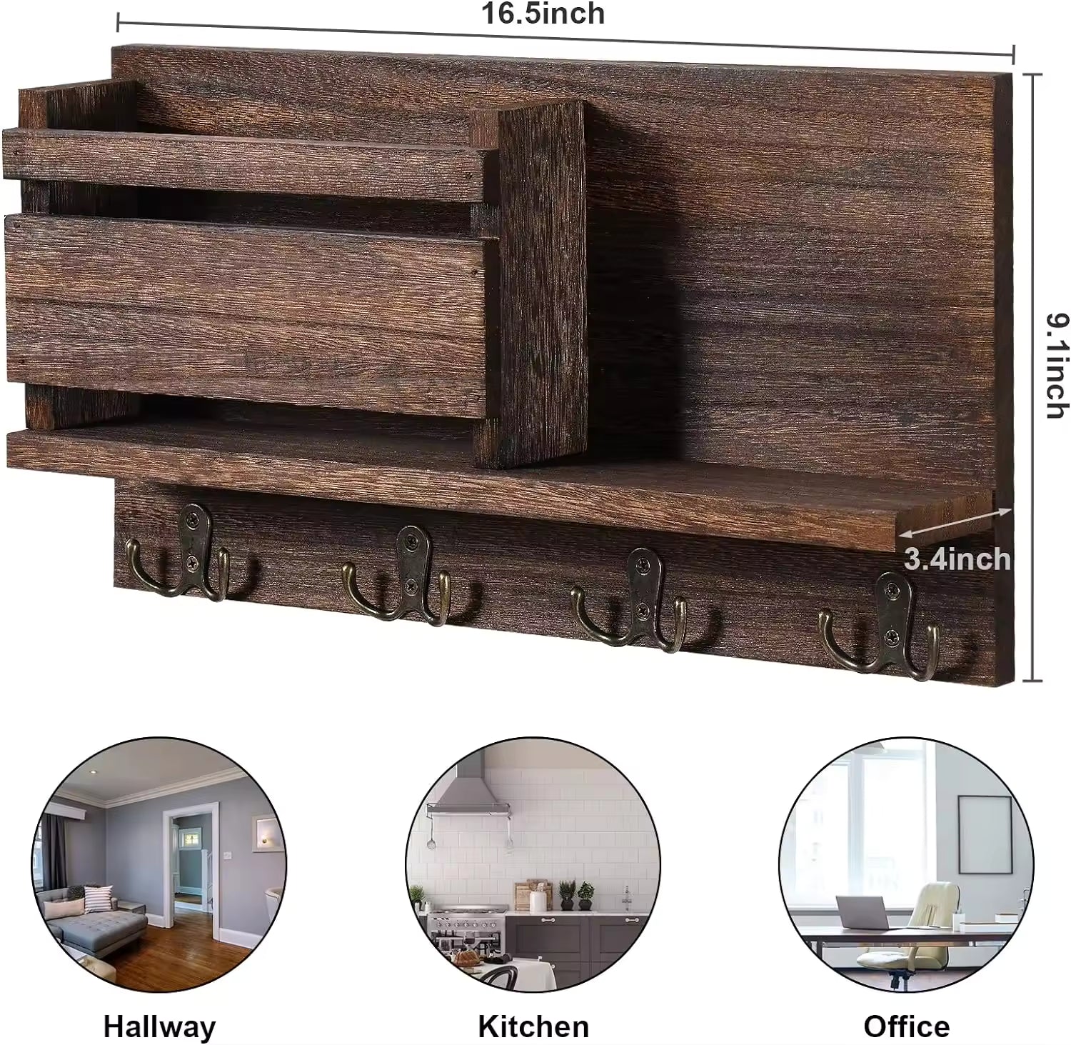 Decorative Wall Key Holder, Rustic Mail Organizer, Wooden Letter Organizer with Key Hooks