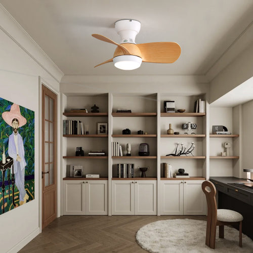 23-tommers Mini LED Loftsventilator med 3-farvet lysdæmper, 3 ABS-vinger, fjernbetjening, træfarve