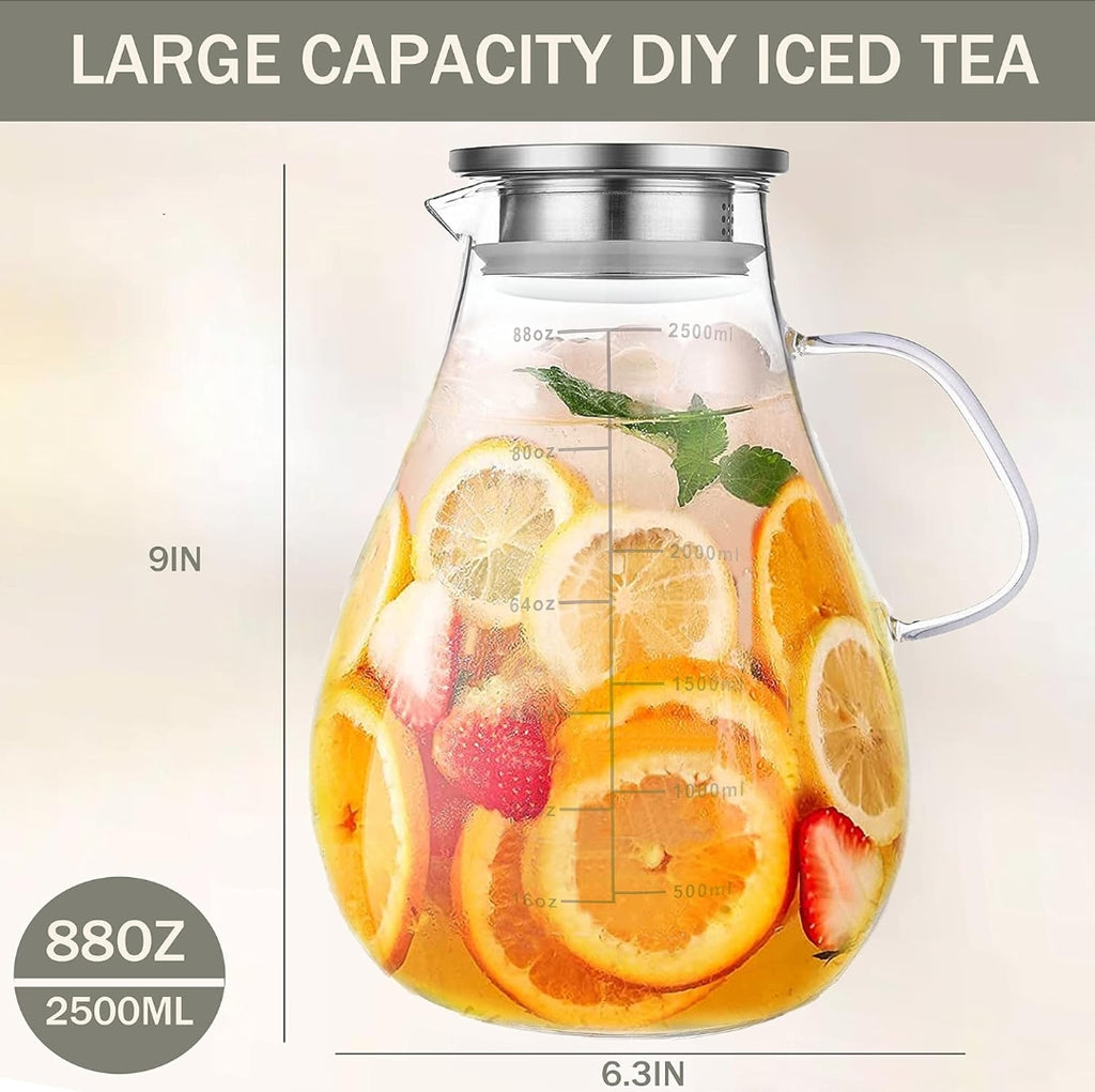 Glaskande med låg, 2,6 L (2500 ml) med præcise målstreger – Kande til varmt/koldt vand, juice og iste med låg