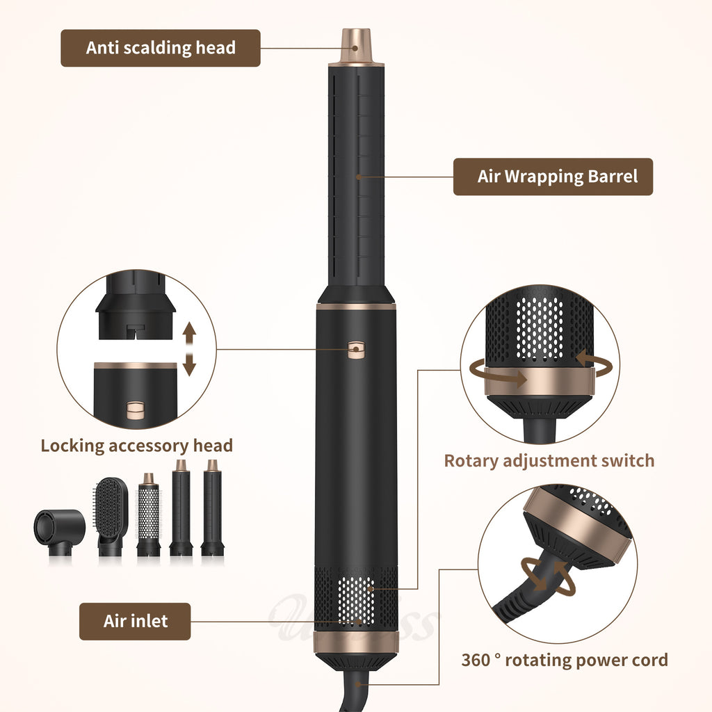 5-i-1 hårtørrer børste, hårtørringsbørste, Air Curler, Air Curling Wrap Styler, aftagelig varmluftbørste, negativ ion tørrebørste, 1000 Watt effekt