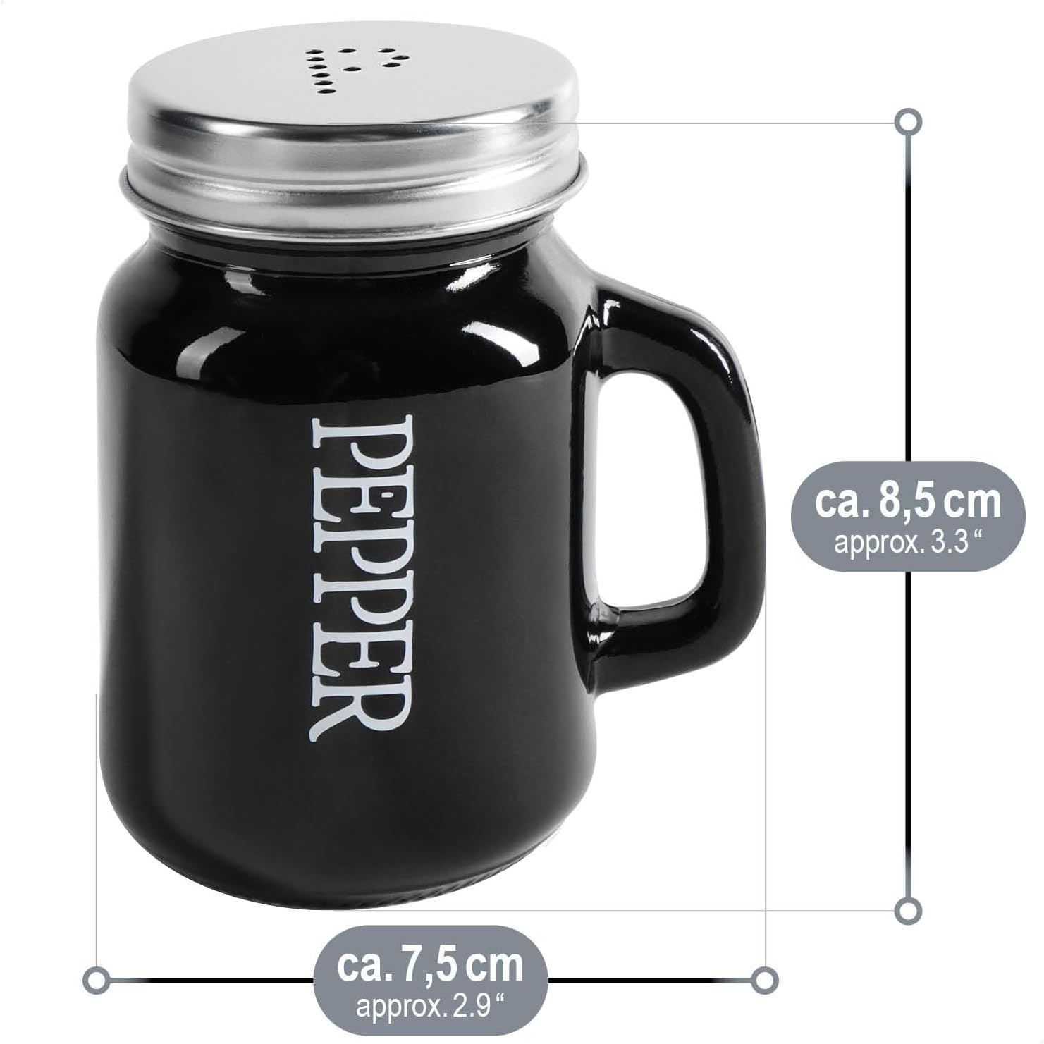 4-delt salt- og pebersæt - krydderiholder med skruelåg og håndtag (4 dele - sort/hvidt glas)