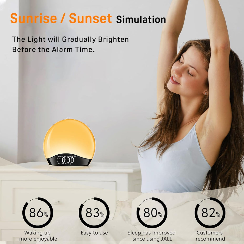 Sunrise Alarm Clock for Kids, Heavy Sleepers, and Bedrooms — White Noise Sound Machine with 5W Stereo Bluetooth Speaker, 25 Natural Sounds, Dual Alarms, and Lights