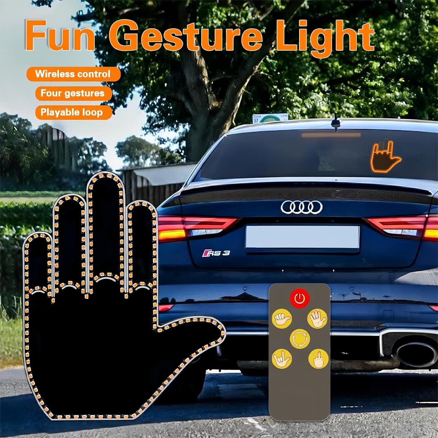 Fun LED light for the rear car window, featuring a remote-controlled LED finger gesture light.