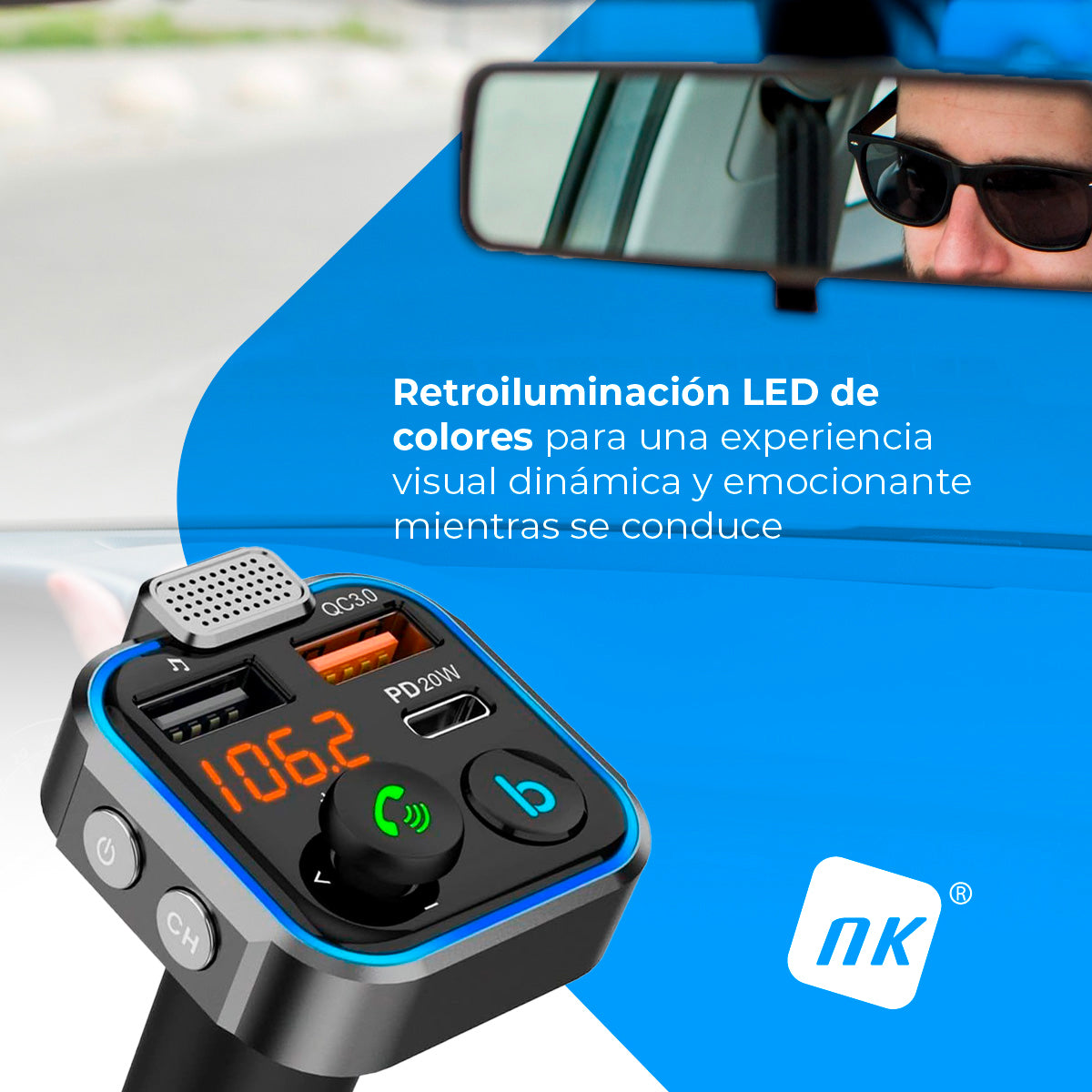 Bluetooth 5.0 FM Transmitter for Cars - 3 Charging Ports: x 2 USB QC3.0 + x1 PD 3.0 Type C 20W, Hands-Free Function, Noise Cancellation, Fast Charging, Button B: Hi-Fi Deep Bass (Speaker)