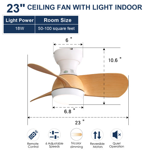 Ventilador de techo mini LED de 23 pulgadas con regulador de 3 colores, 3 aspas de ABS, control remoto, color madera