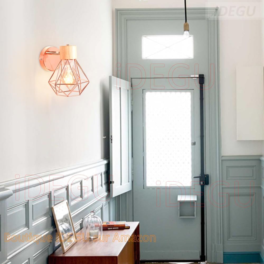 2PC Lámparas de Pared Vintage ¨C Aplique Interior de 15cm ¨C Diseño Industrial de Madera y Metal ¨C Estilo Jaula ¨C Luz Retro Ajustable