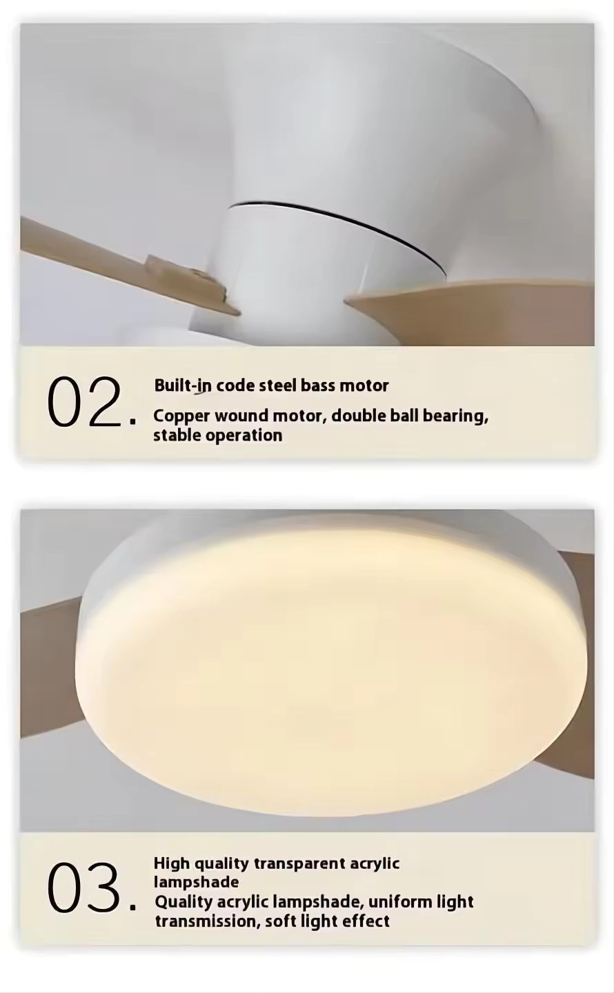 Ventilateur de plafond silencieux de 65 cm (25,5 pouces) avec lumière - Petit ventilateur de plafond avec télécommande, 3 modes d'éclairage LED, 6 vitesses