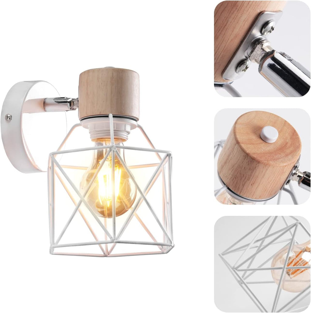 2PC Lámparas de Pared Vintage ¨C Aplique Interior de 15cm ¨C Diseño Industrial de Madera y Metal ¨C Estilo Jaula ¨C Luz Retro Ajustable