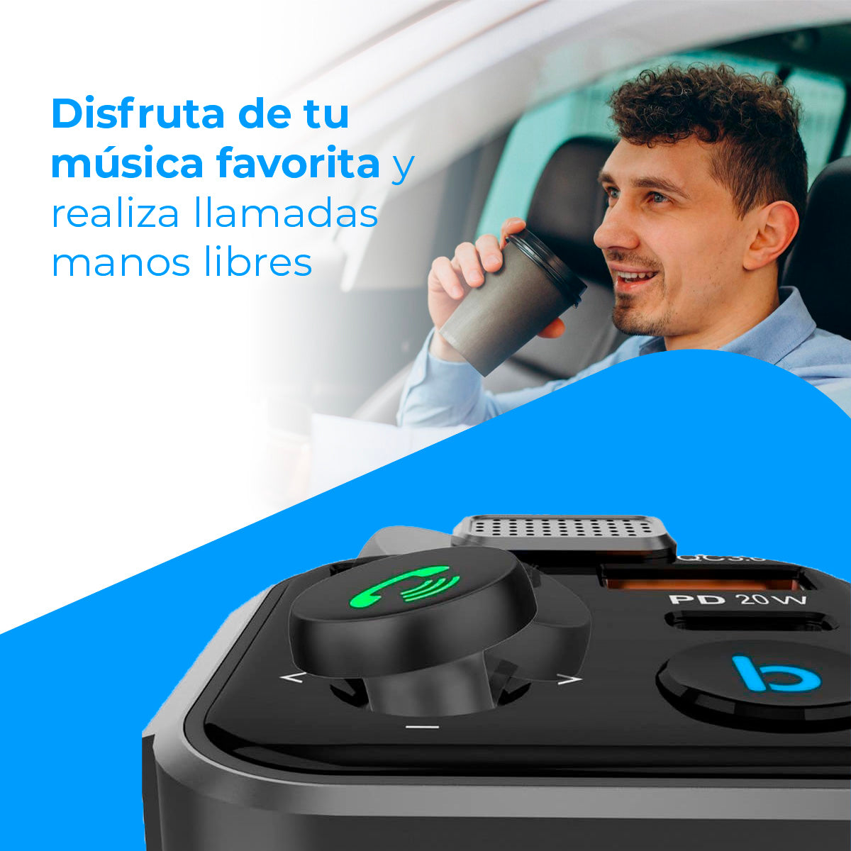 Bluetooth 5.0 FM Transmitter for Cars - 3 Charging Ports: x 2 USB QC3.0 + x1 PD 3.0 Type C 20W, Hands-Free Function, Noise Cancellation, Fast Charging, Button B: Hi-Fi Deep Bass (Speaker)
