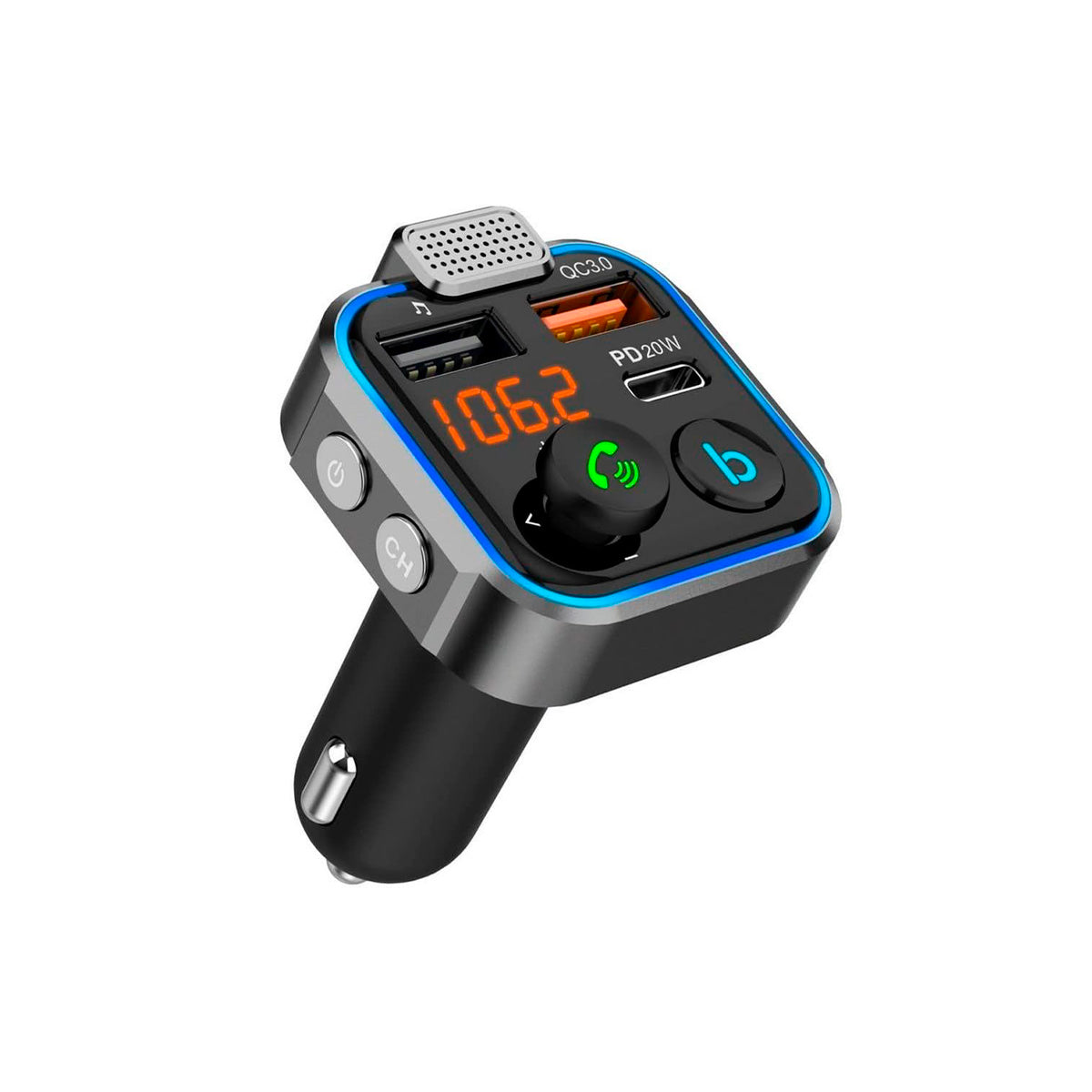 Bluetooth 5.0 FM Transmitter for Cars - 3 Charging Ports: x 2 USB QC3.0 + x1 PD 3.0 Type C 20W, Hands-Free Function, Noise Cancellation, Fast Charging, Button B: Hi-Fi Deep Bass (Speaker)