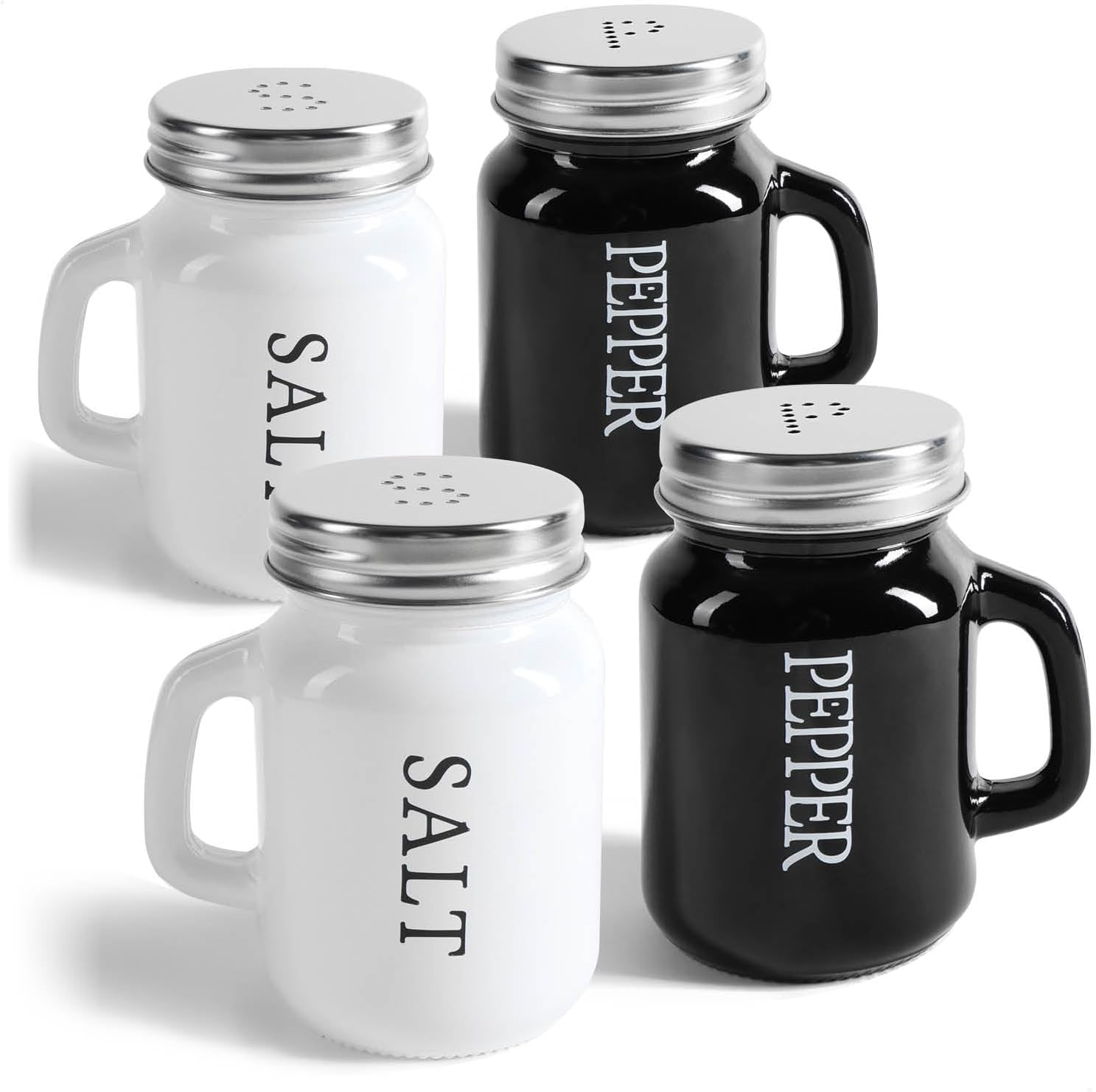 4-delt salt- og pebersæt - krydderiholder med skruelåg og håndtag (4 dele - sort/hvidt glas)