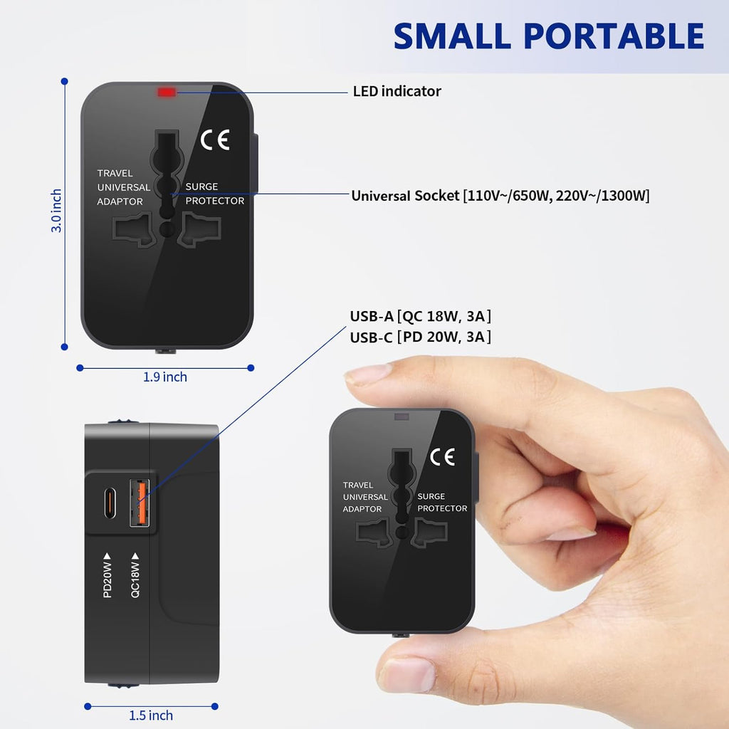 Rejseadapter, Alt-i-Én Universaladapter til Verdensomspændende Brug, AC-vægstik, Vægoplader med To USB-porte (1 USB-C) til USA, EU, Storbritannien, Australien – Kompatibel med Mobiltelefoner og Laptops.
