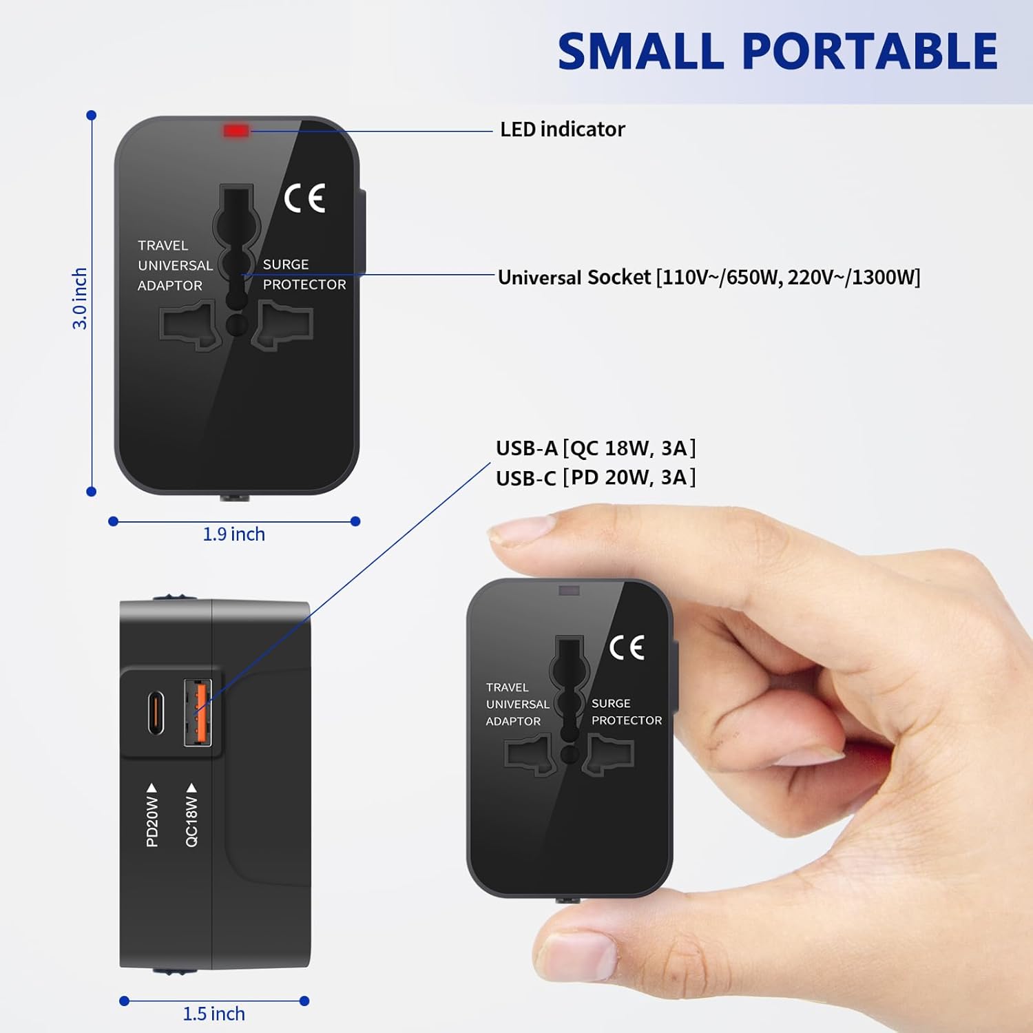 Rejseadapter, Alt-i-Én Universaladapter til Verdensomspændende Brug, AC-vægstik, Vægoplader med To USB-porte (1 USB-C) til USA, EU, Storbritannien, Australien – Kompatibel med Mobiltelefoner og Laptops.
