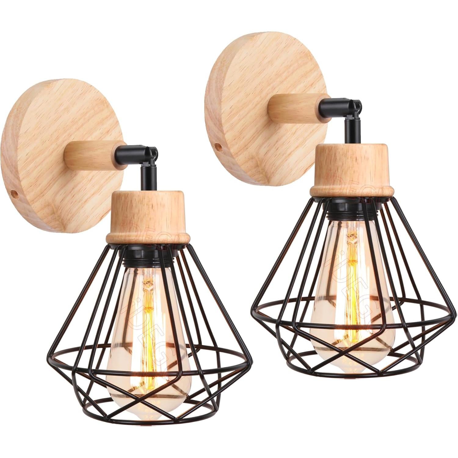 2PC Vintage Wall Lamps ¨C 15cm Indoor Sconce ¨C Wood & Metal Industrial Design ¨C Cage Style ¨C Adjustable Retro Light