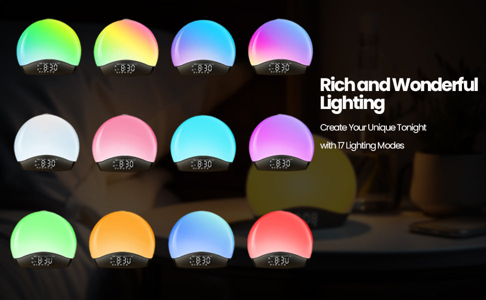 Sunrise Alarm Clock for Kids, Heavy Sleepers, and Bedrooms — White Noise Sound Machine with 5W Stereo Bluetooth Speaker, 25 Natural Sounds, Dual Alarms, and Lights