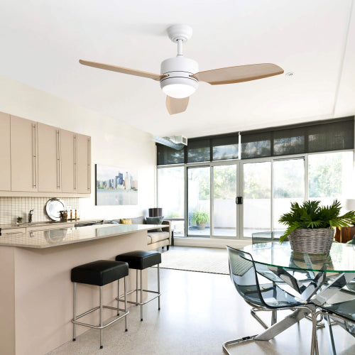 Ventilateur de plafond 117 cm blanc et bois clair avec lumière LED – Pales ABS, moteur DC silencieux, éclairage 3 couleurs dimmable, télécommande.