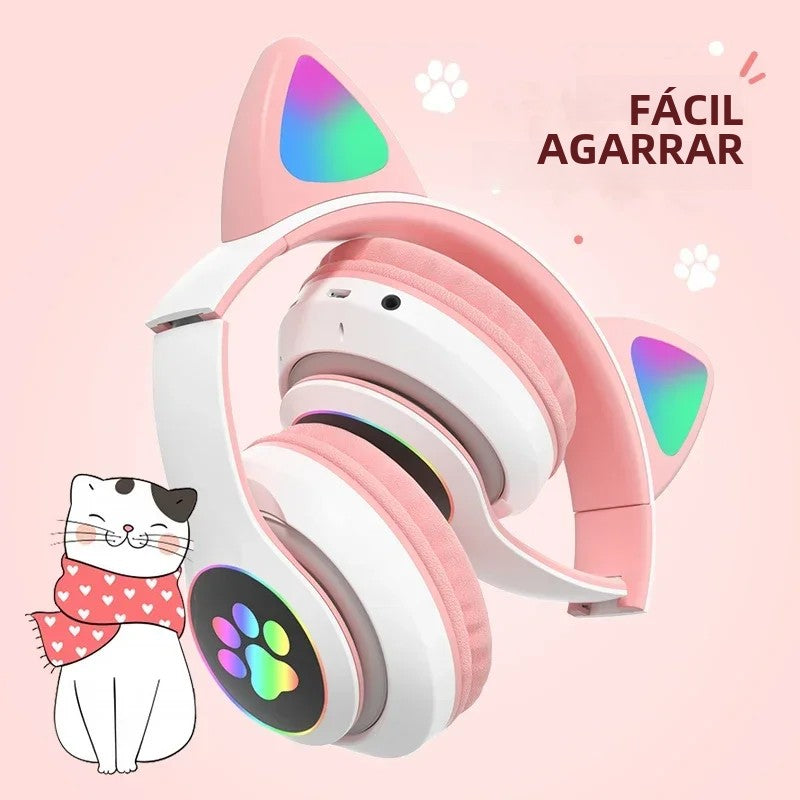 Casque Bluetooth 5.0 à oreilles de chat avec lumière flash, prise en charge de la carte TF et micro intégré, cadeau d'anniversaire pour enfants filles