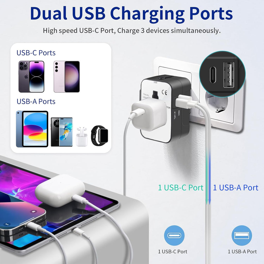 Rejseadapter, Alt-i-Én Universaladapter til Verdensomspændende Brug, AC-vægstik, Vægoplader med To USB-porte (1 USB-C) til USA, EU, Storbritannien, Australien – Kompatibel med Mobiltelefoner og Laptops.