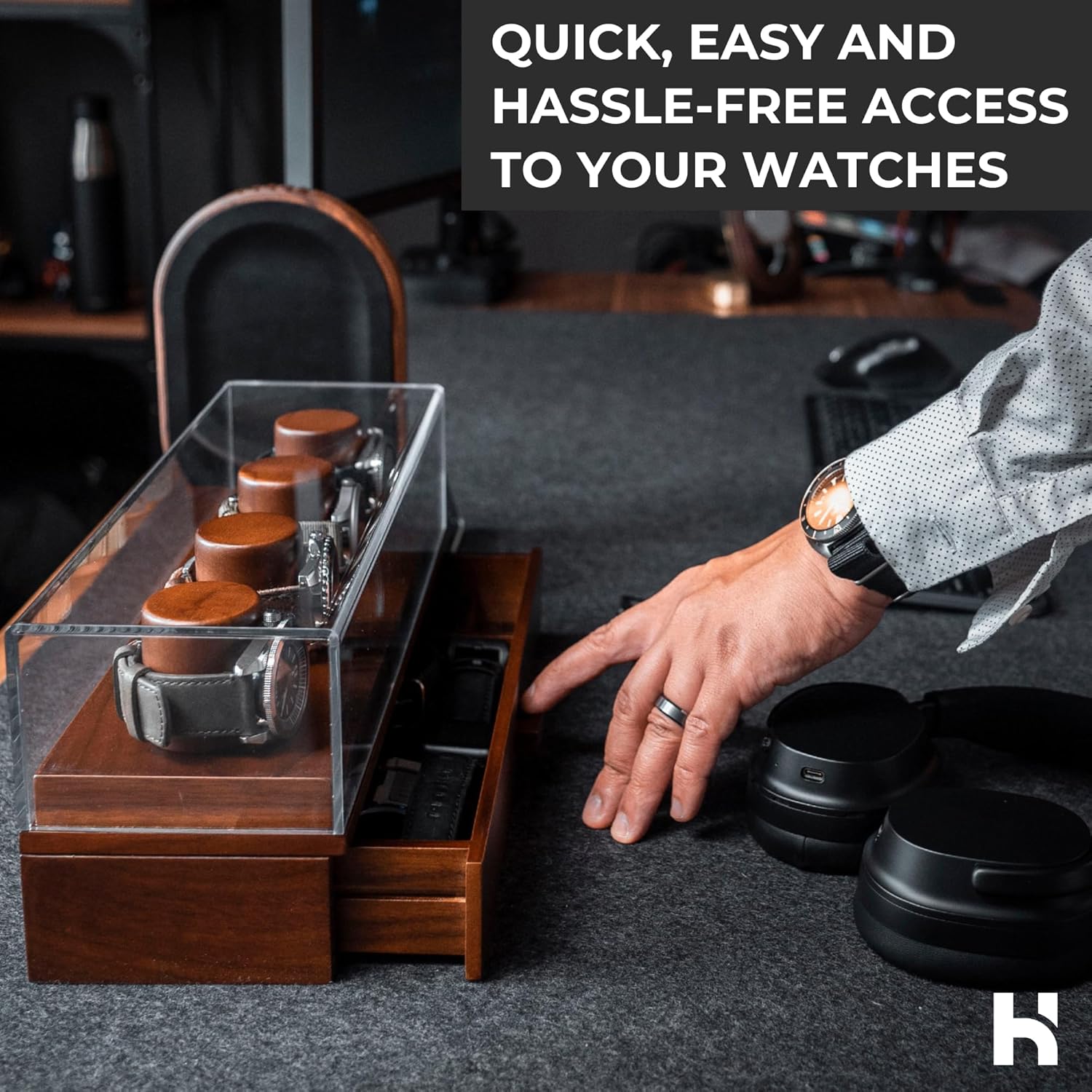 Elevate your watch collection with this premium display case for 4 watches. A unique birthday gift for men. Wooden box and case for men's watches.