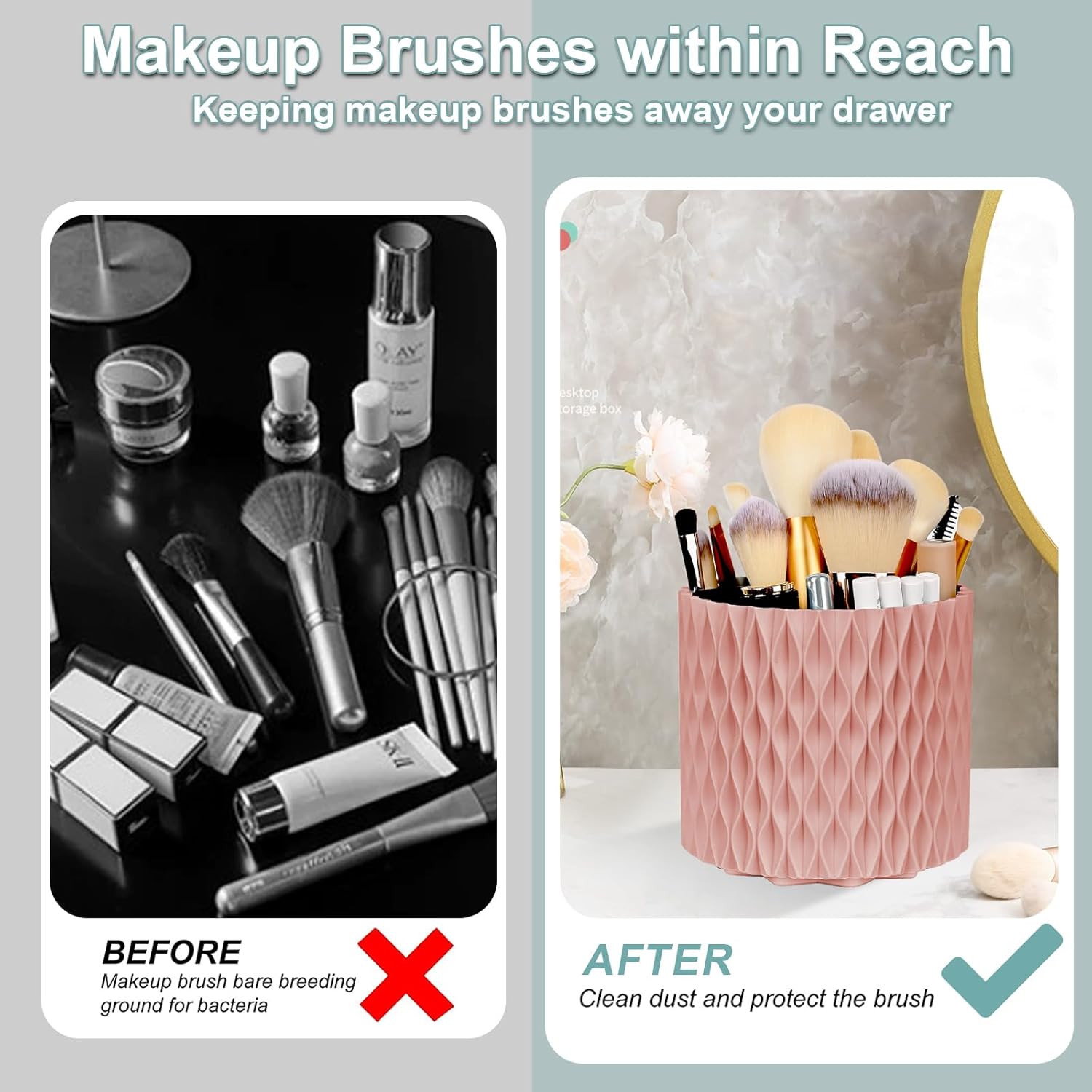 Makeup Organizer, Børsteholder, 360-graders Roterende Kosmetik Organizer, Opbevaringsboks med Stor Kapacitet til Makeupbord, Skrivebord eller Badeværelsesbordplade