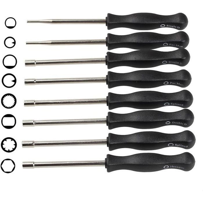 8-Piece Carburetor Adjustment Tool Set/Adjustment Screwdriver with Pac-Man Tip, Single D, Double D, Hex and 21 Tooth Spline.