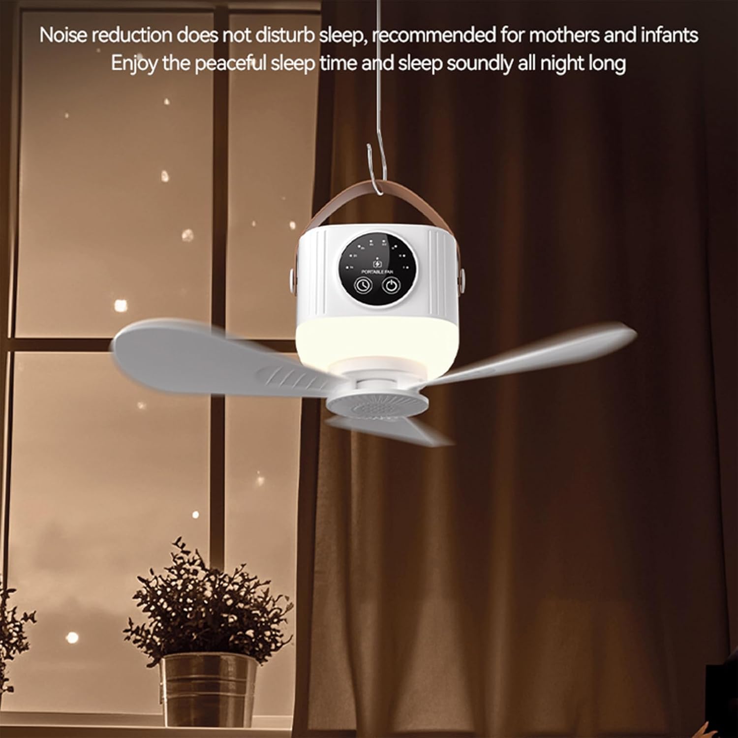 Ventilateur de plafond télécommandé rechargeable par USB avec batterie 7200mAh et lumière suspendue pour chambres et camping.