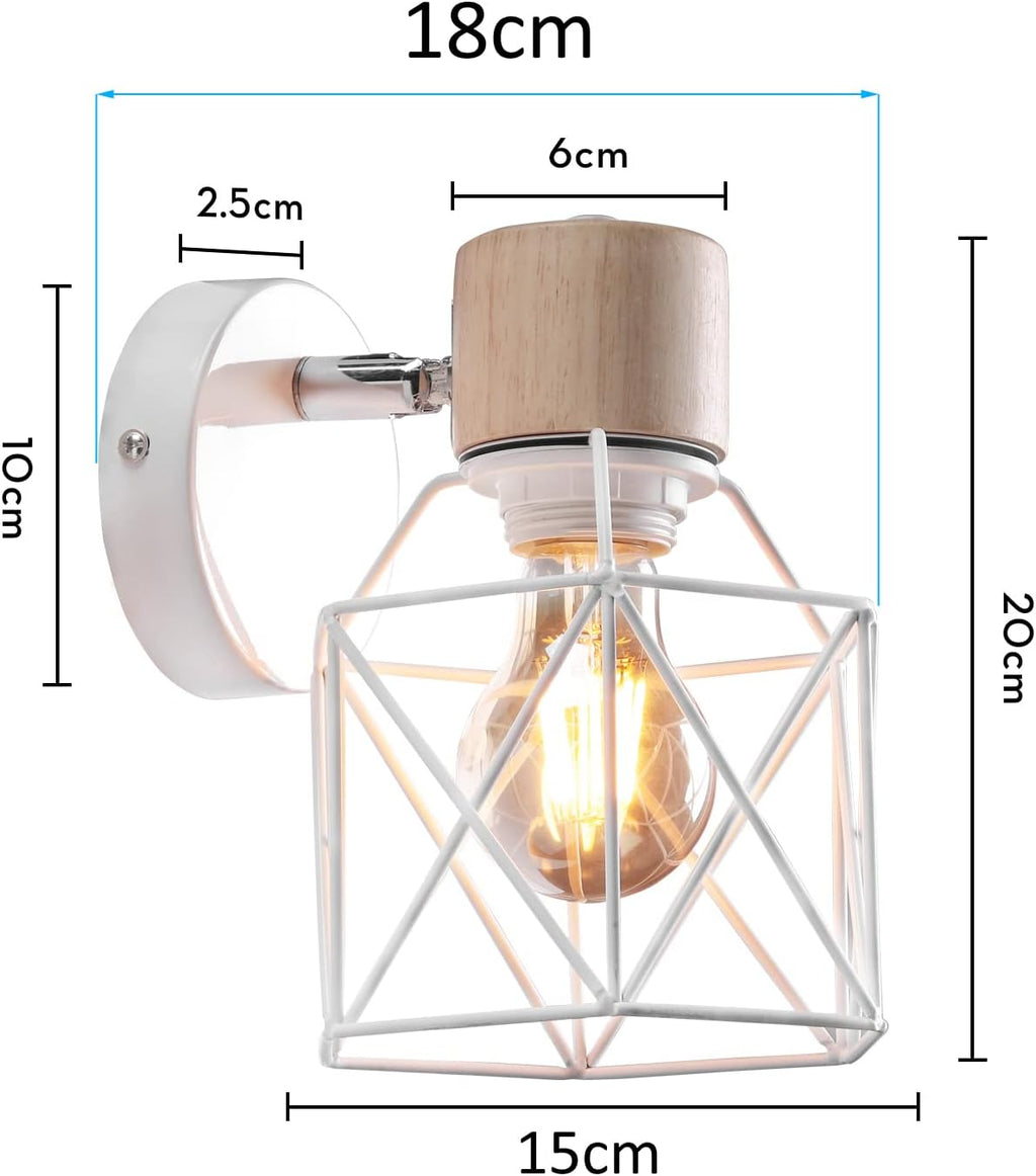 2PC Lámparas de Pared Vintage ¨C Aplique Interior de 15cm ¨C Diseño Industrial de Madera y Metal ¨C Estilo Jaula ¨C Luz Retro Ajustable