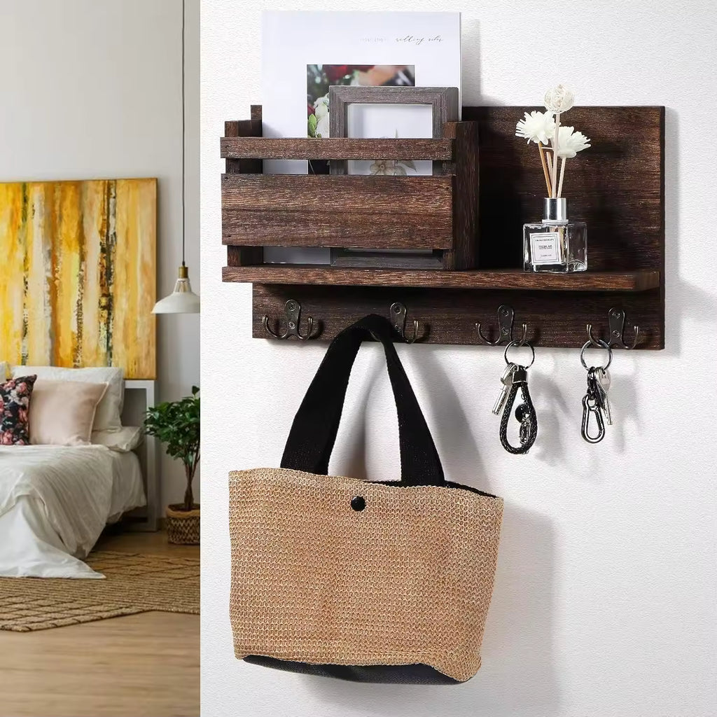 Decorative Wall Key Holder, Rustic Mail Organizer, Wooden Letter Organizer with Key Hooks